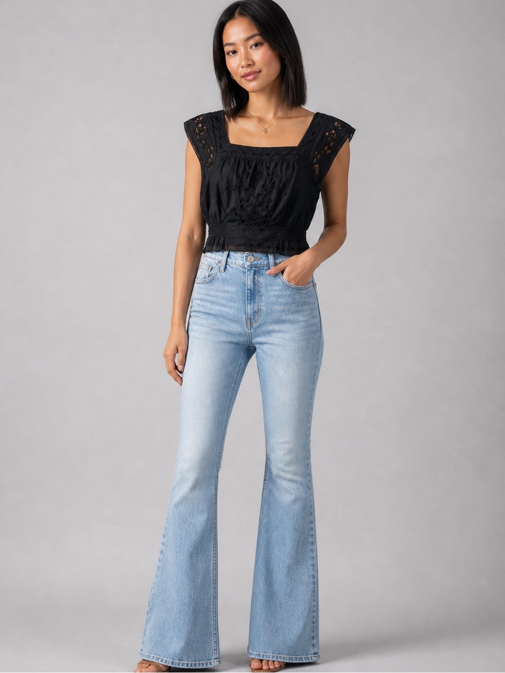 UNSUBSCRIBED | Cotton Eyelet Square Neck Sleeveless Top in Black, Size Medium